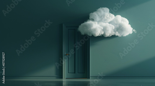 Wallpaper Mural A surreal image featuring a fluffy white cloud hovering near a closed teal door, evoking mystery and imagination.
 Torontodigital.ca