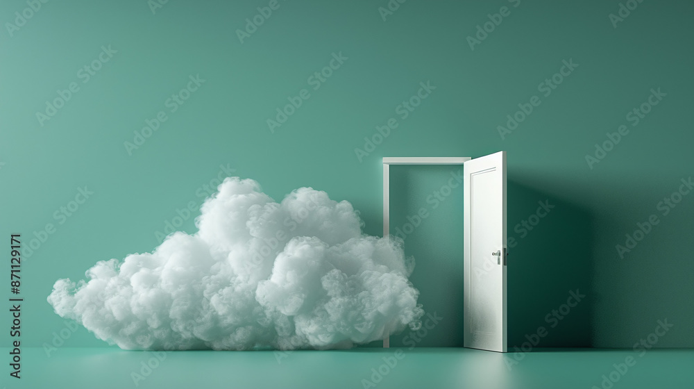 A fluffy white cloud floats near an open door in a minimalist green room, creating a serene and surreal atmosphere.