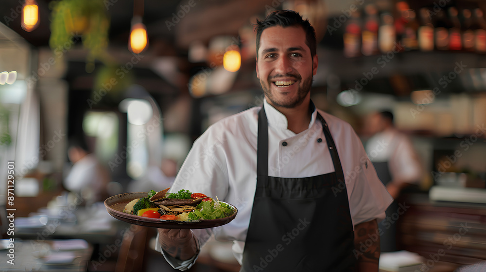 Friendly restaurant waiters welcome guests with a smile Friendly restaurant waiters welcome guests with a smile