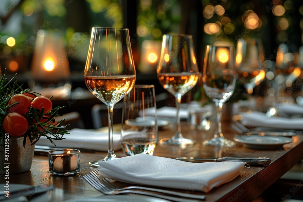 Elegant table setting with candles in restaurant. Selective focus. Romantic dinner setting with candles on table in restaurant. Elegant table setting with candles in restaurant. Selective focus. Romantic dinner setting with candles on table in restaurant.