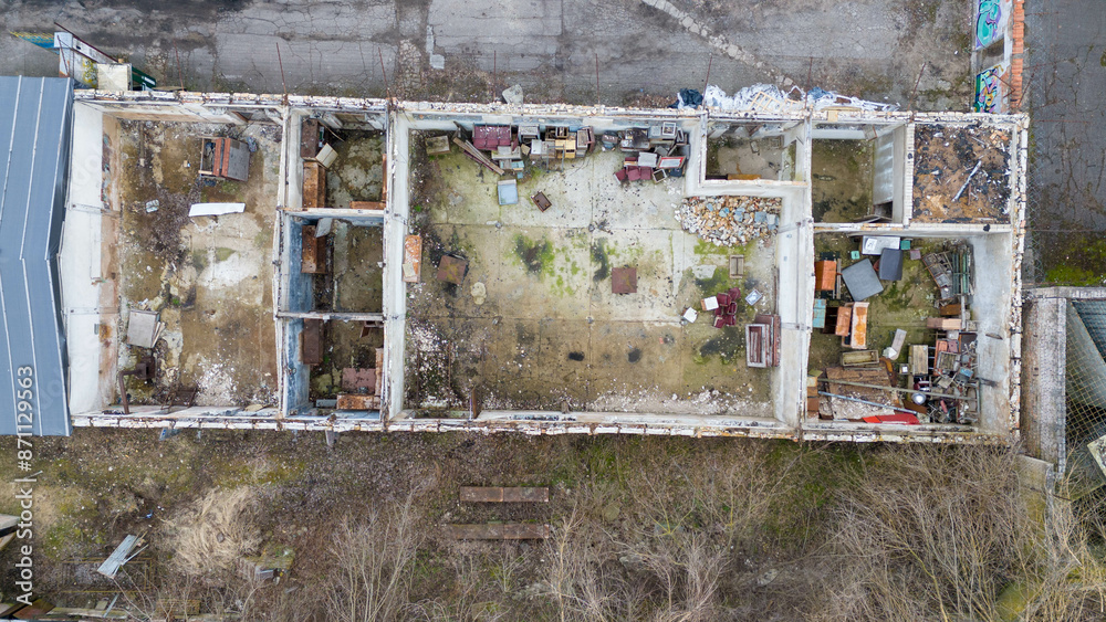 Drone photography close up of old abandoned building without roof during spring day Drone photography close up of old abandoned building without roof during spring day
