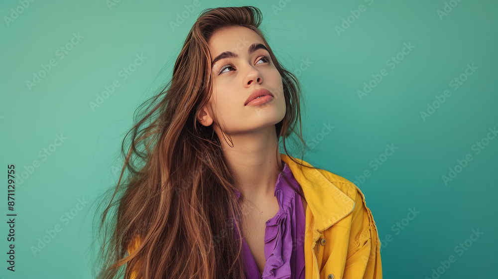 Fototapeta premium A stylish and attractive young woman with long hair is looking with interest at something in front of her. She is wearing a purple and yellow outfit and is standing against a green background.