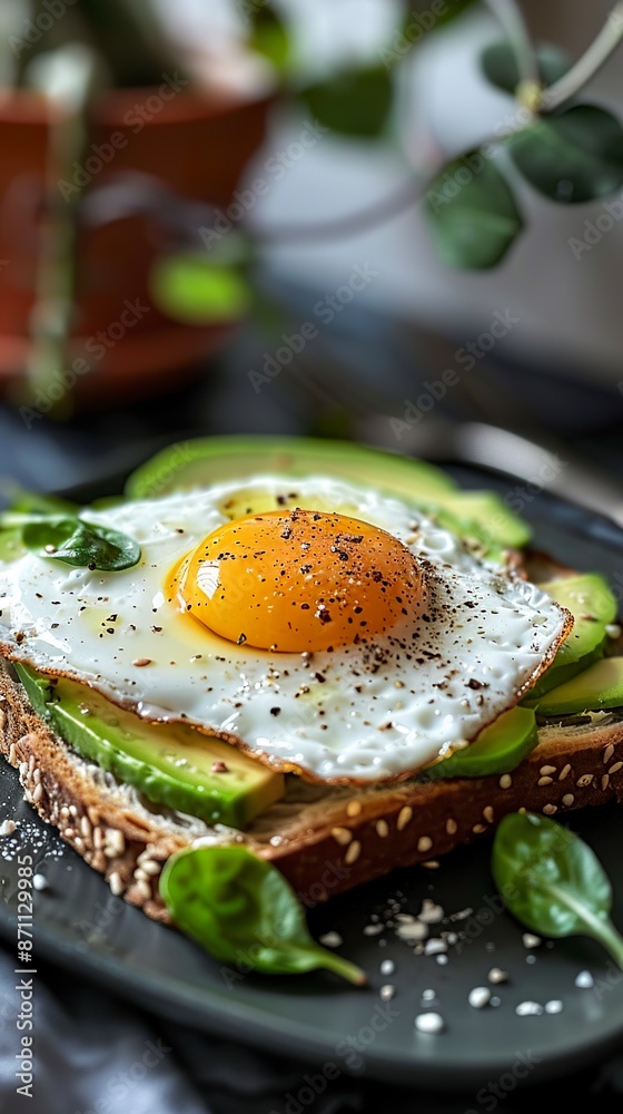 Close-up of a toast with avocado and fried egg served for breakfast. Healthy breakfast meal with toasted bread, avocado and egg.