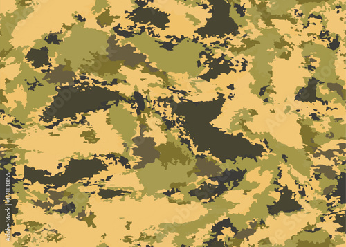 Full seamless watercolor desert camouflage texture print pattern. Usable for Jacket Pants Shirt and Shorts. Army textile fabric. Unique tie dye military camo. Vector illustration.