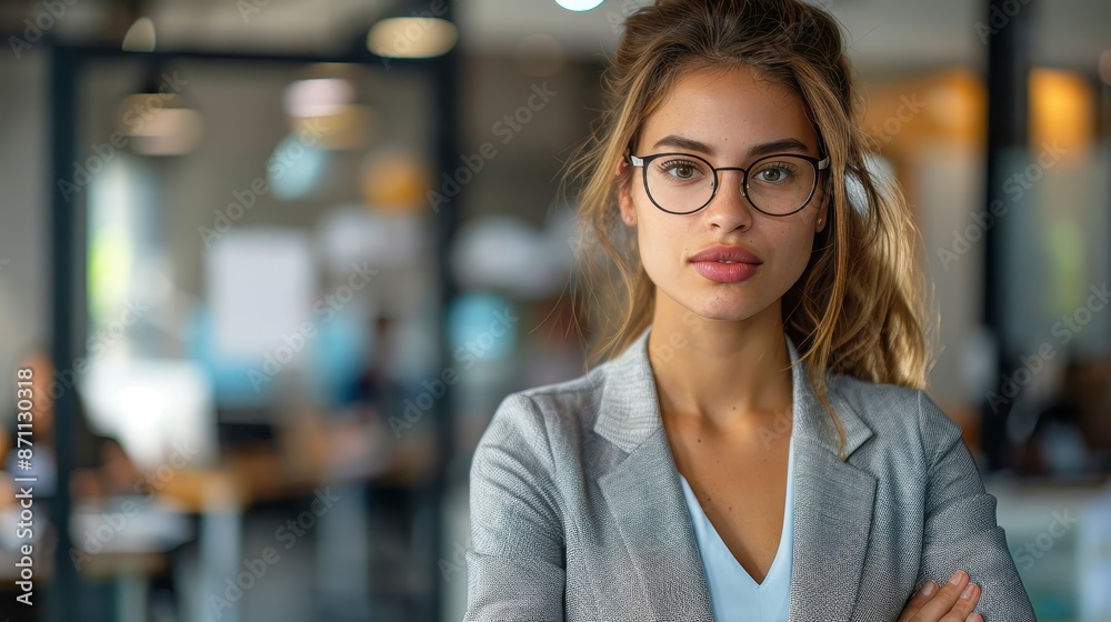 A determined professional woman in a modern workspace, showcasing her focused expression and determination, wearing glasses and a stylish blazer amidst contemporary decor. A determined professional woman in a modern workspace, showcasing her focused expression and determination, wearing glasses and a stylish blazer amidst contemporary decor.