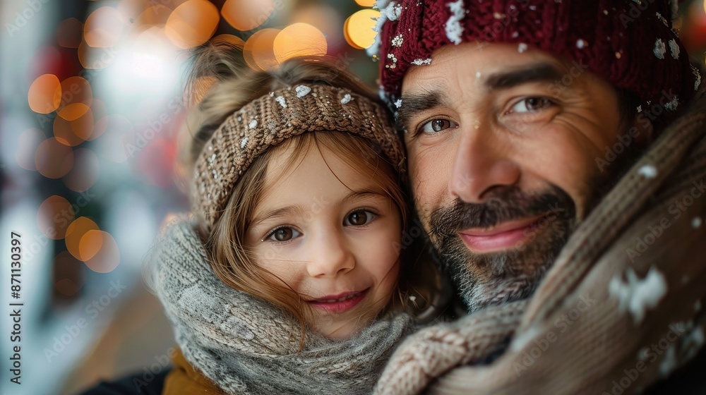 A father and his child bundled up in warm winter clothing, sharing a heartwarming moment with snowy background and festive lights, embodying joy and warmth during winter. A father and his child bundled up in warm winter clothing, sharing a heartwarming moment with snowy background and festive lights, embodying joy and warmth during winter.
