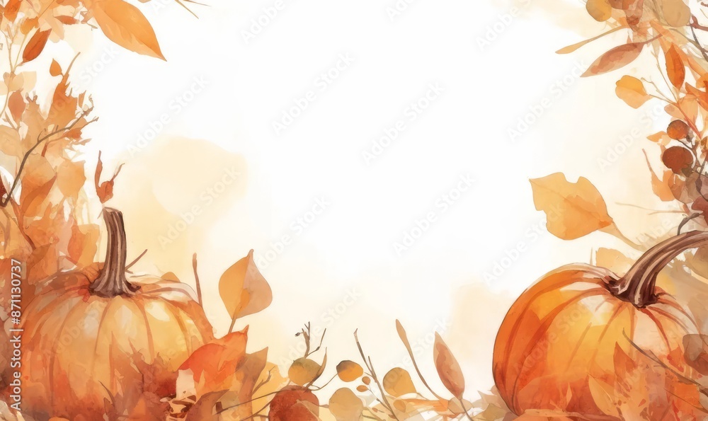 Fototapeta premium Autumn frame with yellow maple leaves and pumpkins on yellow background. Watercolor illustration. Thanksgiving and Halloween day banner. Flat lay, top view, border with copy space