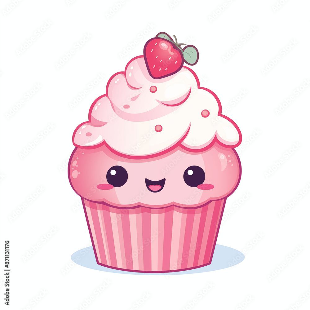 Cute Cartoon Strawberry Cupcake with Happy Face Against White Background Cute Cartoon Strawberry Cupcake with Happy Face Against White Background
