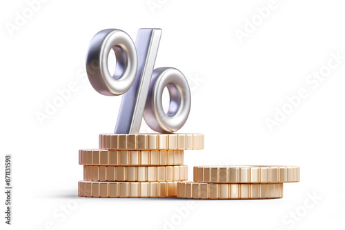 Percentage sign with stack of coins isolated on white background. Concepts of the banking system, rising interest rates, inflation, deflation, and savings. Bank credit, loan concept. Finance