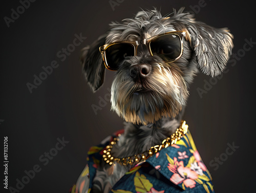Photorealistic, miami vice style, Miniature Schnauzer, sunglasses, floral shirt, gold chain Small white sleepy puppy close up portrait © Mister