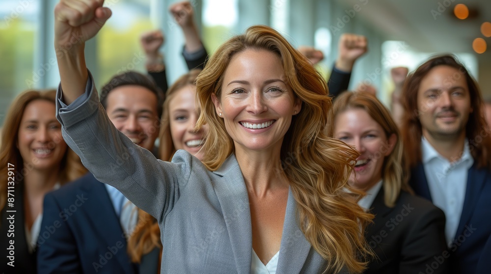 Fototapeta premium Dynamic Office Achievement: CEO and Managers in Victory Pose