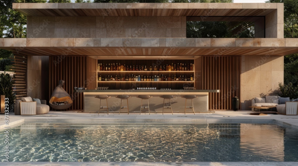 Modern Outdoor Bar and Pool With Stone and Wood Design Modern Outdoor Bar and Pool With Stone and Wood Design