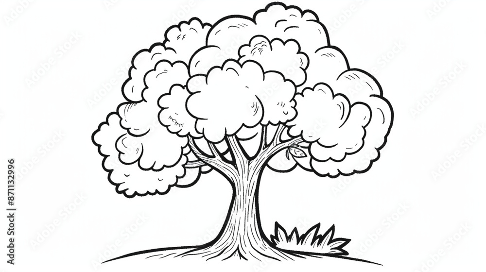 Cartoon Tree Illustration with Leaves and Branches in a Natural Setting