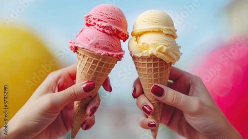 Two hands holding delicious ice cream cones with pink and yellow scoops against a bright background, symbolizing a fun and refreshing treat on a sunny day.