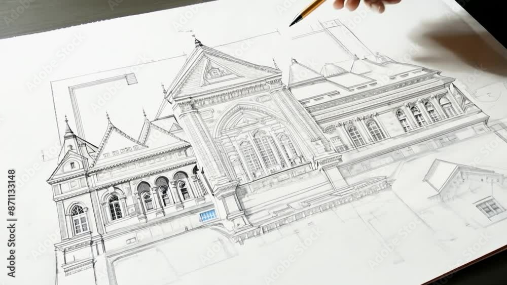 A persons hand carefully draws an intricate architectural sketch of a building using a pencil on white paper