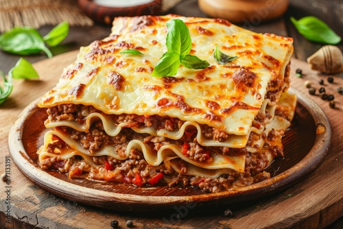 Classic lasagna with meat and white sauce topped with basil