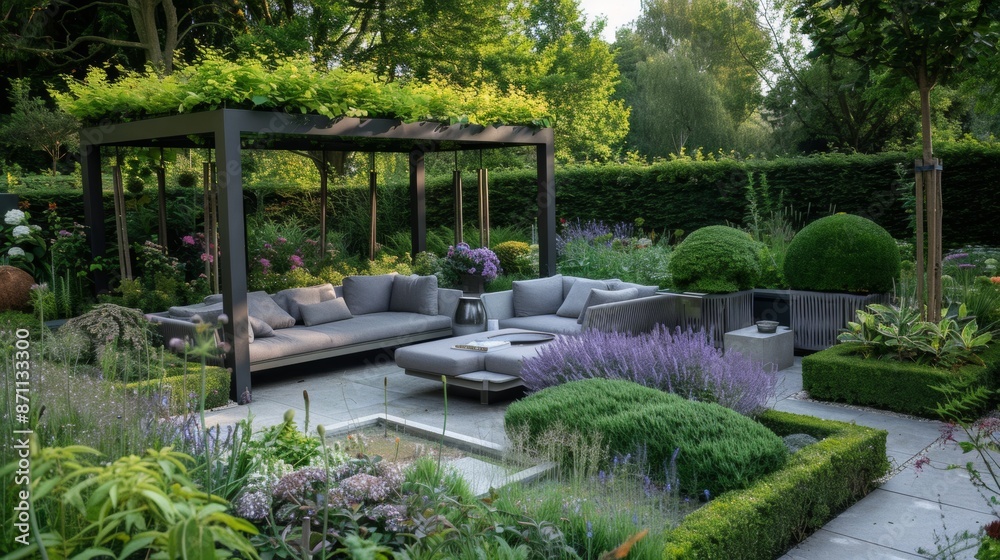Modern Outdoor Lounge Area With Greenery and Pergola in a Lush Garden Modern Outdoor Lounge Area With Greenery and Pergola in a Lush Garden