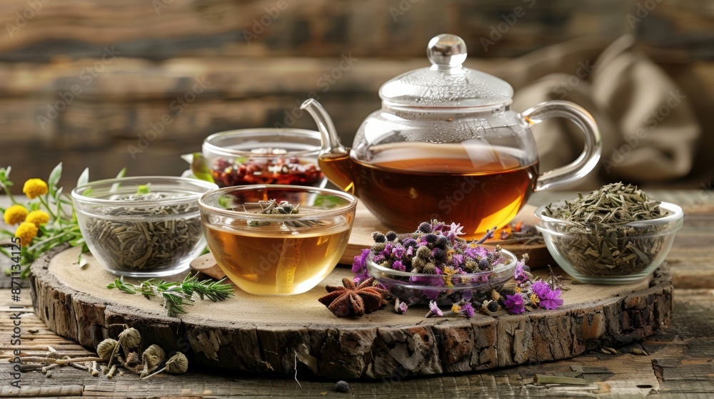 Aromatic Tea Collection on Wooden Tabletop With Glass Teapot and Cups Aromatic Tea Collection on Wooden Tabletop With Glass Teapot and Cups