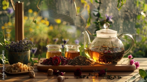 Glass Teapot With Herbal Tea and Flowers on a Wooden Table in the Afternoon Sun