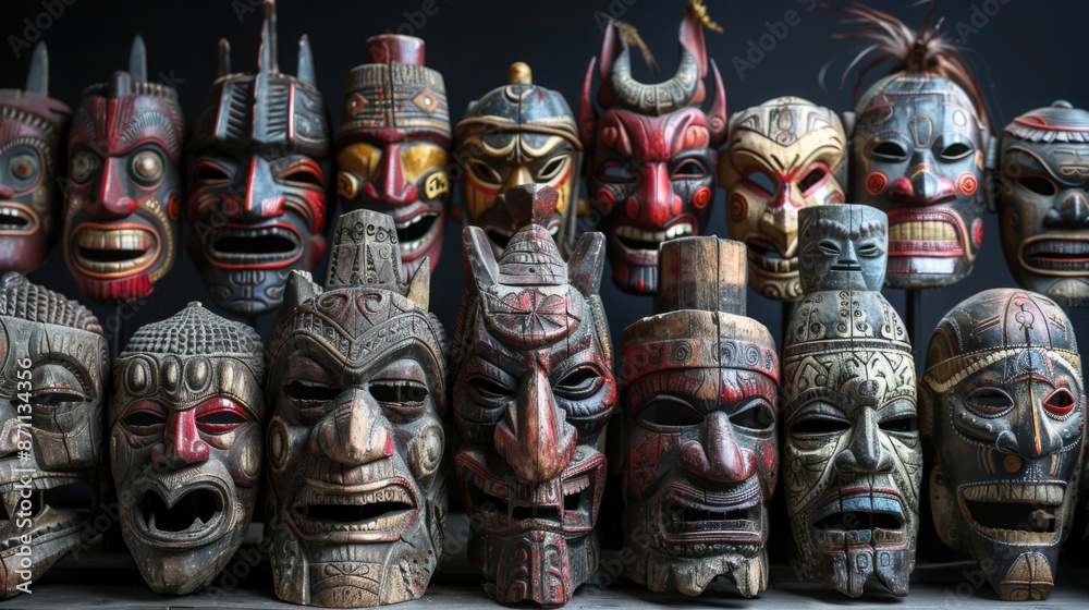 Wooden masks, hand-painted in vibrant colors, representing indigenous and tribal art, highlighting cultural traditions and religious symbols in a market collection. Wooden masks, hand-painted in vibrant colors, representing indigenous and tribal art, highlighting cultural traditions and religious symbols in a market collection.