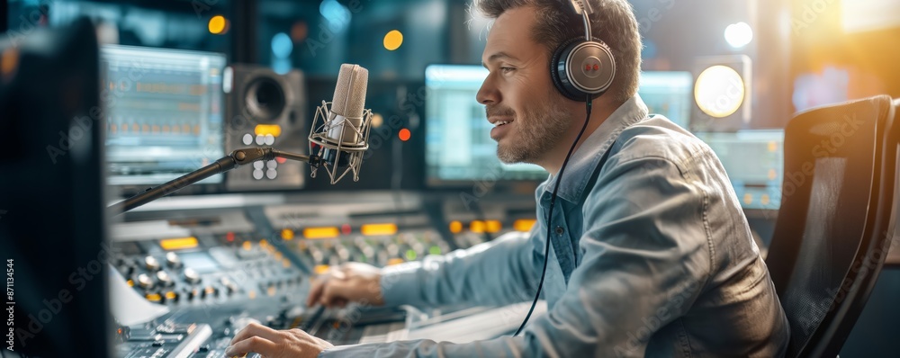 A person operates sophisticated audio equipment in a well-lit, modern studio, indicating a professional working in radio broadcasting or sound engineering. A person operates sophisticated audio equipment in a well-lit, modern studio, indicating a professional working in radio broadcasting or sound engineering.