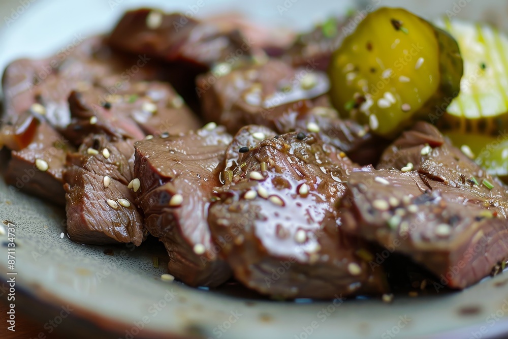 Close up of liver and pickle on plate Close up of liver and pickle on plate