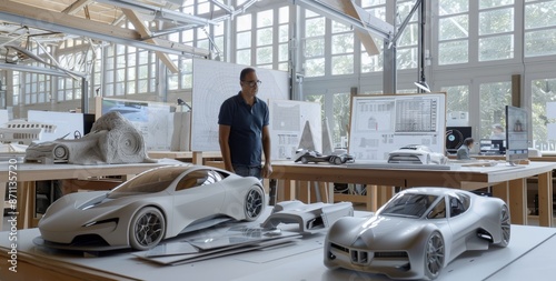 Car designer standing in modern studio with futuristic car models and sketches