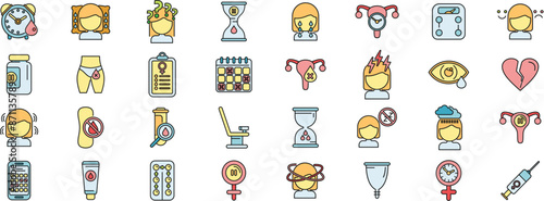 Menopause icons set outline vector. Female fertility. Age cycle thin line color flat on white