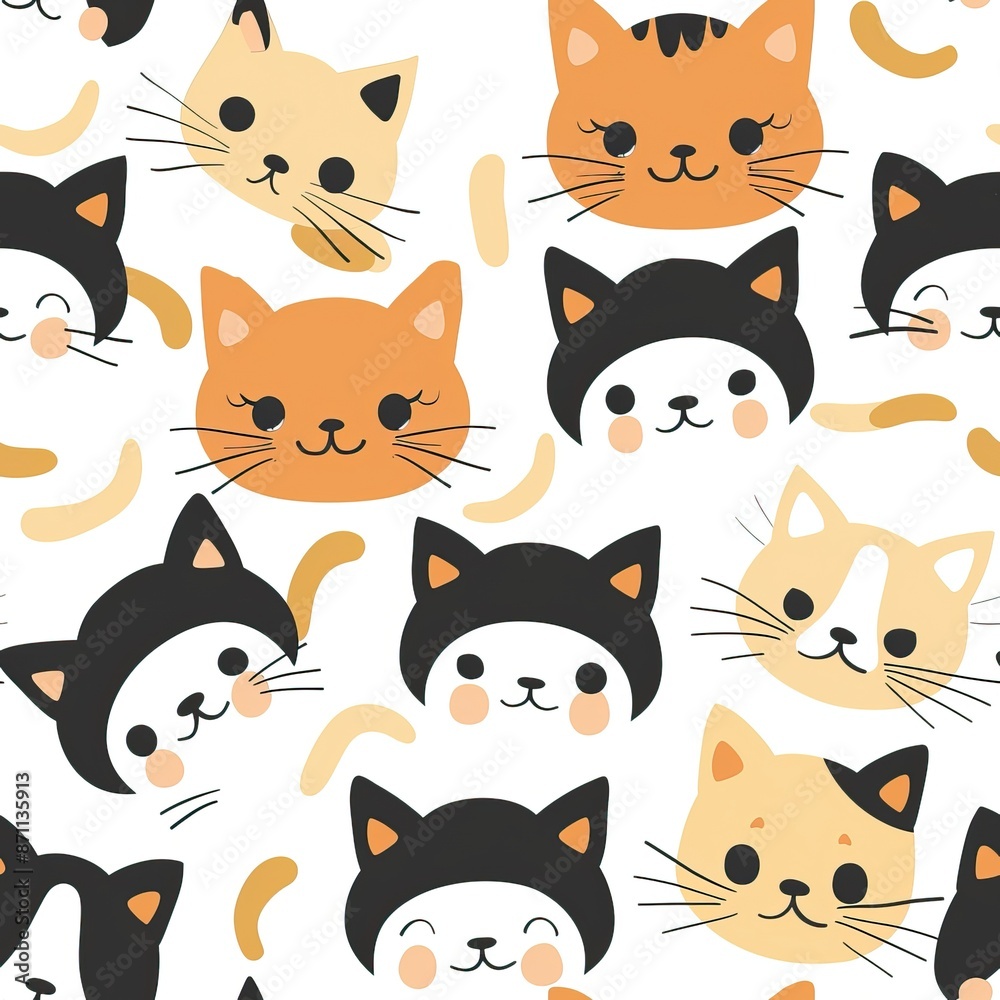 Obraz premium Cats seamless pattern. Colorful cartoon style cat head smile face. High quality AI generated image