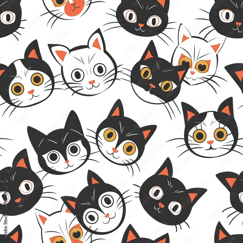 Cats seamless pattern. Colorful cartoon style cat head smile face. High quality AI generated image Cats seamless pattern. Colorful cartoon style cat head smile face. High quality AI generated image