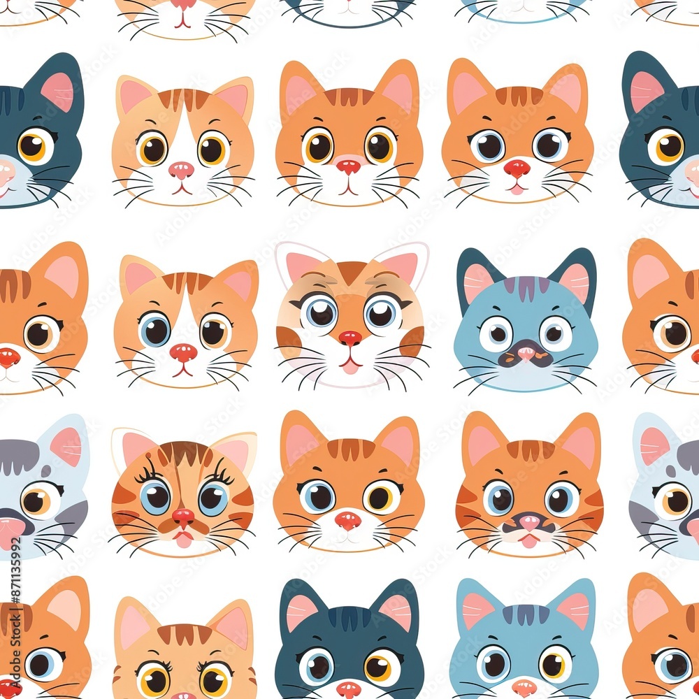 Cats seamless pattern. Colorful cartoon style cat head smile face. High quality AI generated image Cats seamless pattern. Colorful cartoon style cat head smile face. High quality AI generated image