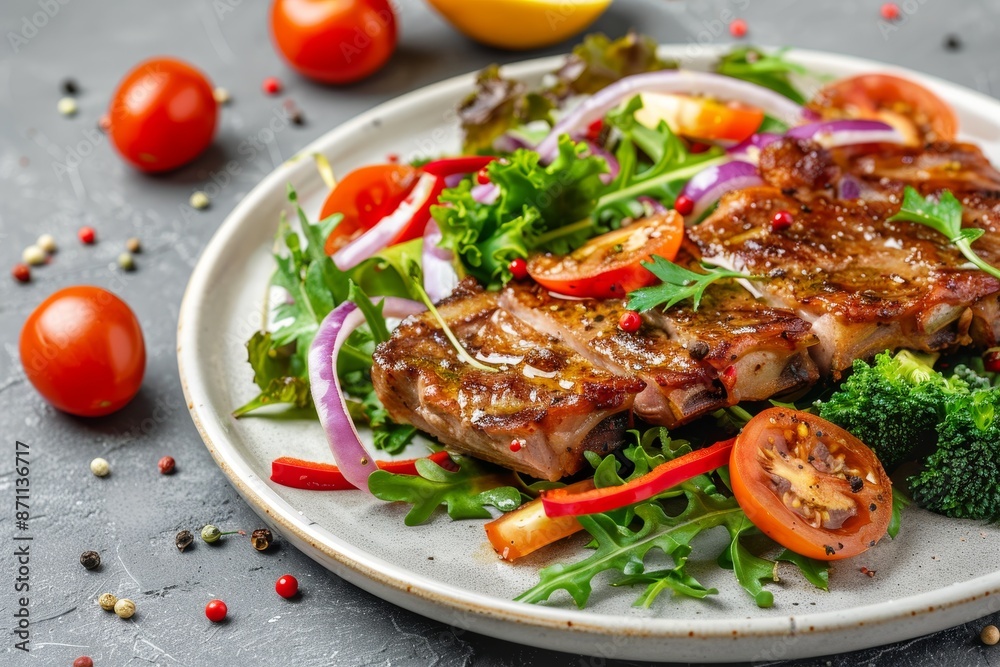 Close up view of pork steak and fresh vegetable salad on plate with light stone background Close up view of pork steak and fresh vegetable salad on plate with light stone background