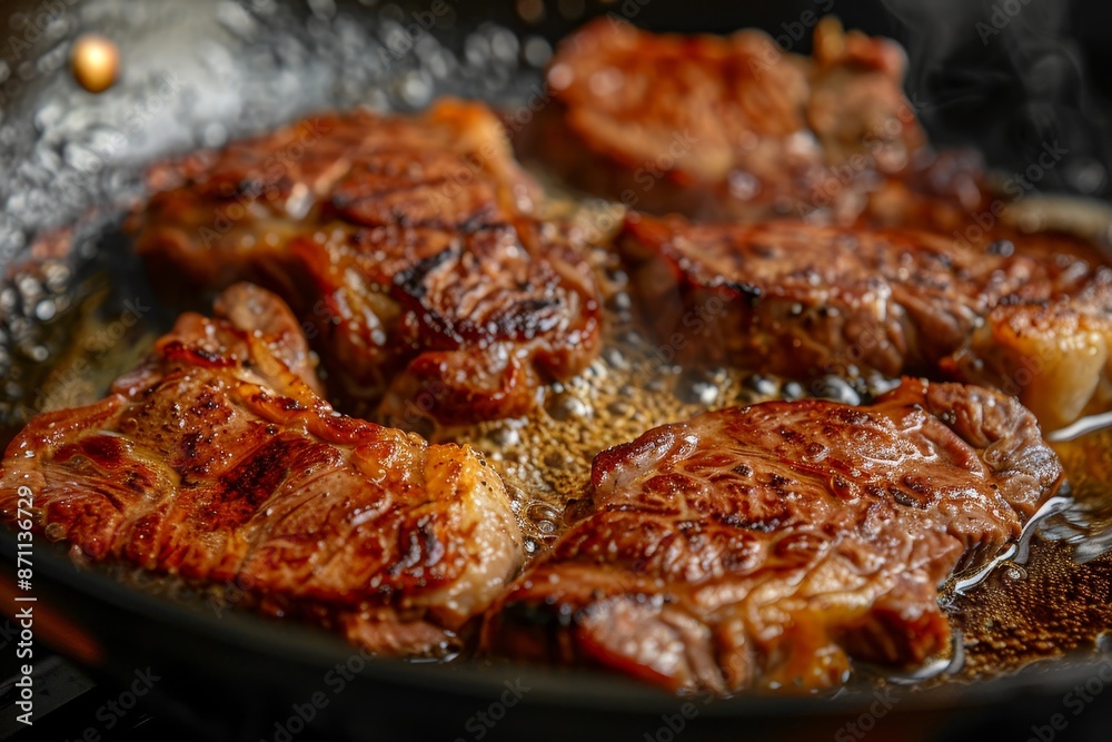 Close up view of pork steak being fried Close up view of pork steak being fried