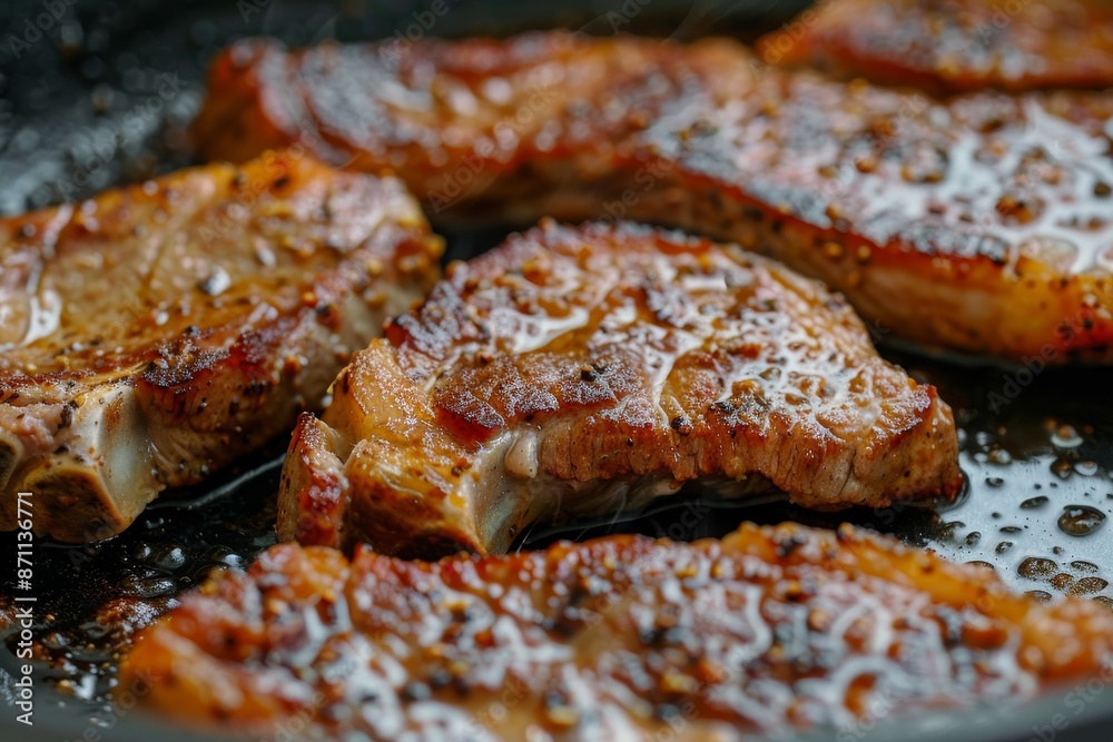 Close up view of pork steak frying in pan Close up view of pork steak frying in pan