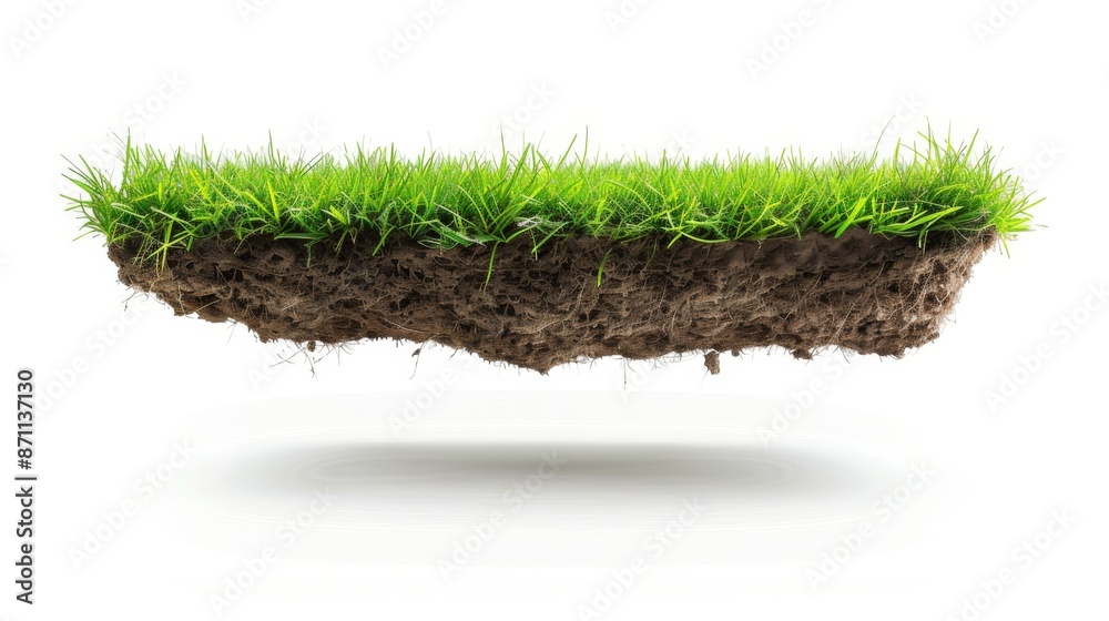Piece of ground covered with grass is floating in the air. Flying island isolated on white background Piece of ground covered with grass is floating in the air. Flying island isolated on white background