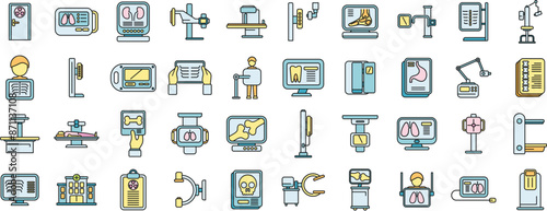 X-ray examination icons set outline vector. Hospital room. Medical department thin line color flat on white