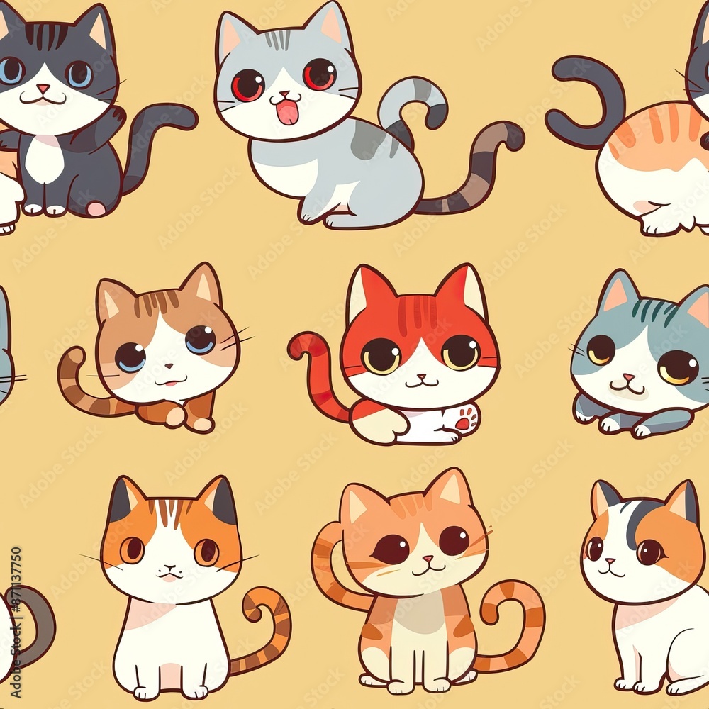 Seamless Pattern with Cute Cat colorful Illustration Design Background. Cute cartoon style cat pattern. High quality AI generated image Seamless Pattern with Cute Cat colorful Illustration Design Background. Cute cartoon style cat pattern. High quality AI generated image
