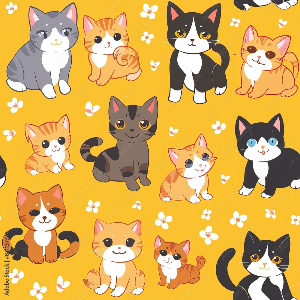 Seamless Pattern with Cute Cat colorful Illustration Design Background. Cute cartoon style cat pattern. High quality AI generated image Seamless Pattern with Cute Cat colorful Illustration Design Background. Cute cartoon style cat pattern. High quality AI generated image