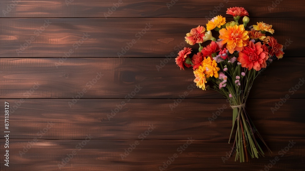 custom made wallpaper toronto digitalA bouquet of traditional Navaratri flowers on a brown wooden background