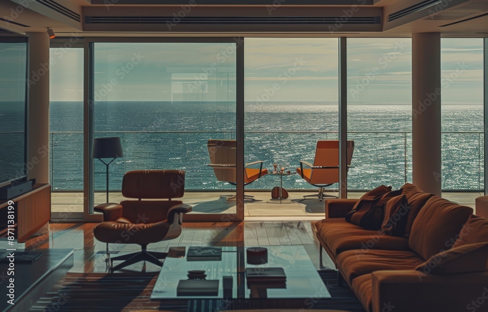 Interior of a modern living room with panoramic window overlooking the sea Interior of a modern living room with panoramic window overlooking the sea