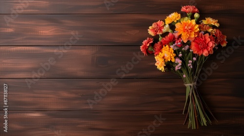 Wallpaper Mural A bouquet of traditional Navaratri flowers on a brown wooden background Torontodigital.ca