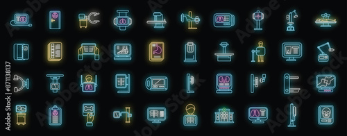 X-ray examination icons set outline vector. Hospital room. Medical department neon color on black