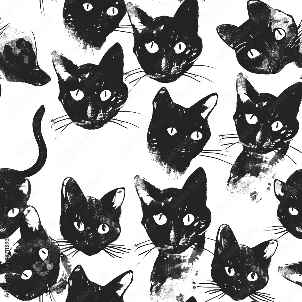 Fototapeta premium Seamless pattern of black or colorful cats doodle background, Cartoon style doodle kitten illustration. High quality AI generated image