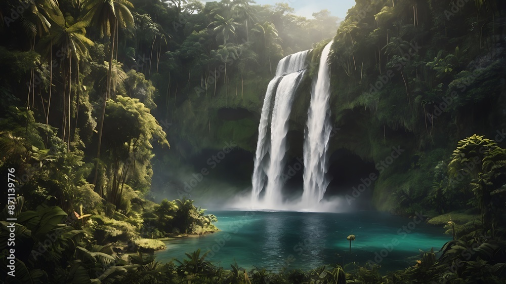 Fototapeta premium A majestic waterfall flowing into a tranquil pool, encircled by verdant foliage.