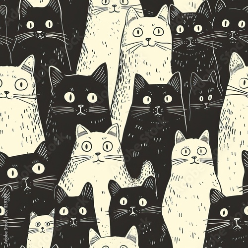 Wallpaper Mural Seamless pattern of black or colorful cats doodle background, Cartoon style doodle kitten illustration. High quality AI generated image Torontodigital.ca