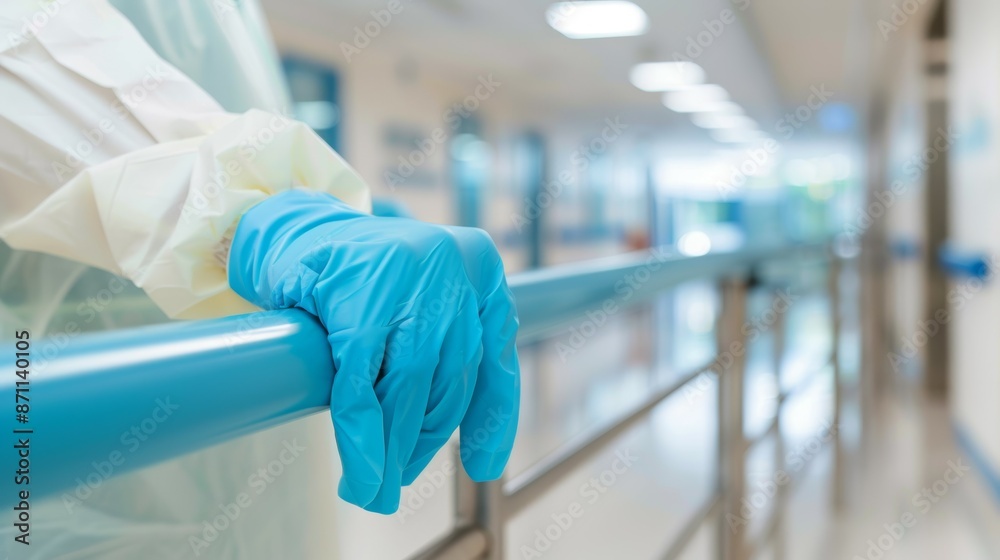 A person wearing a white lab coat and blue gloves is leaning on a railing A person wearing a white lab coat and blue gloves is leaning on a railing