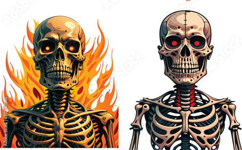 WebSkeleton rising from fire in city at night illustration