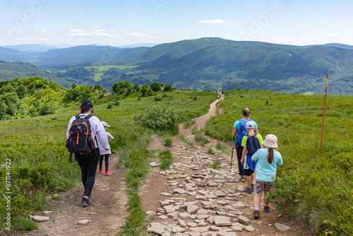 Fototapeta Naklejka Na Ścianę i Meble -  Hiking in the Bieszczady mountains. Mountain walking. Summer in the Bieszczady mountains. Polish Mountains.