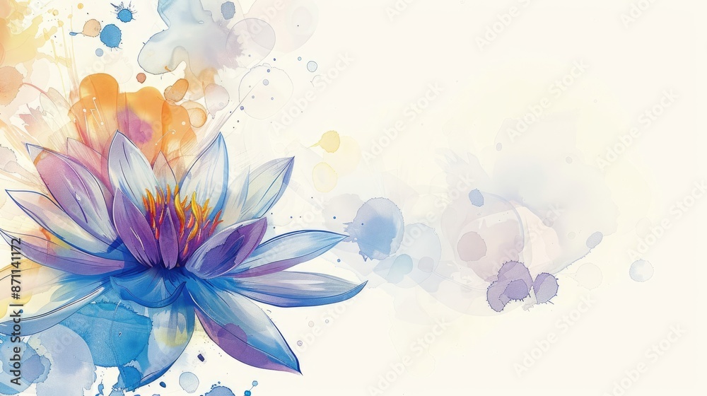 Obraz premium A bright image of a flower, made in a combination of purple and blue shades, against a background of watercolor splashes of various shades of blue and purple.