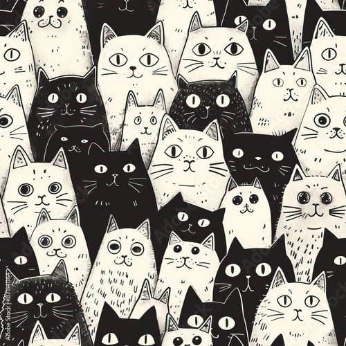 Seamless pattern of black or colorful cats doodle background, Cartoon style doodle kitten illustration. High quality AI generated image
